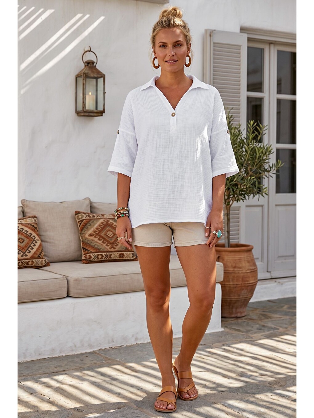 Beyaz Gömlek Yaka Düğmeli 3/4 Kol Casual Müslin Oversize Dokuma Bluz 67 65-5
