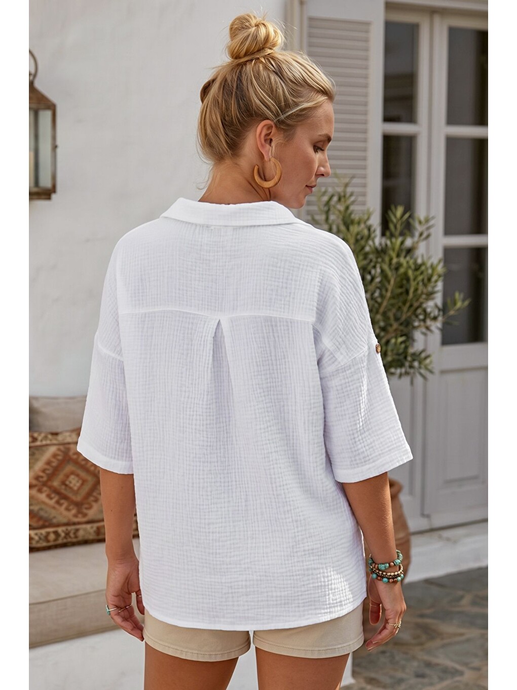 Beyaz Gömlek Yaka Düğmeli 3/4 Kol Casual Müslin Oversize Dokuma Bluz 67 65-6