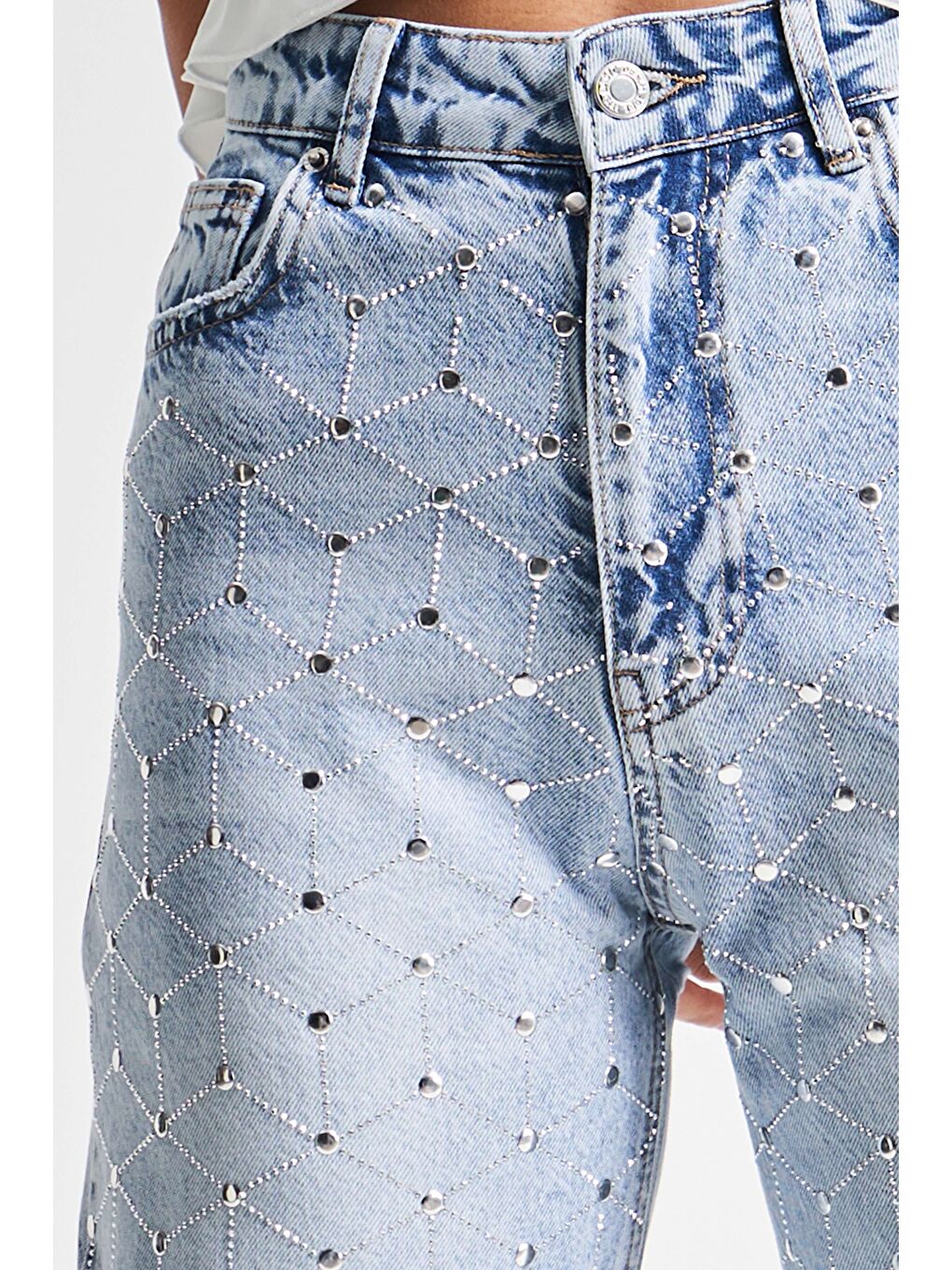 Mavi Kadın Jean Rengi 4s5-3 Parlak Simetrik Taşlı Straight Fit Yüksek Bel Tasarım Denim Jean-1