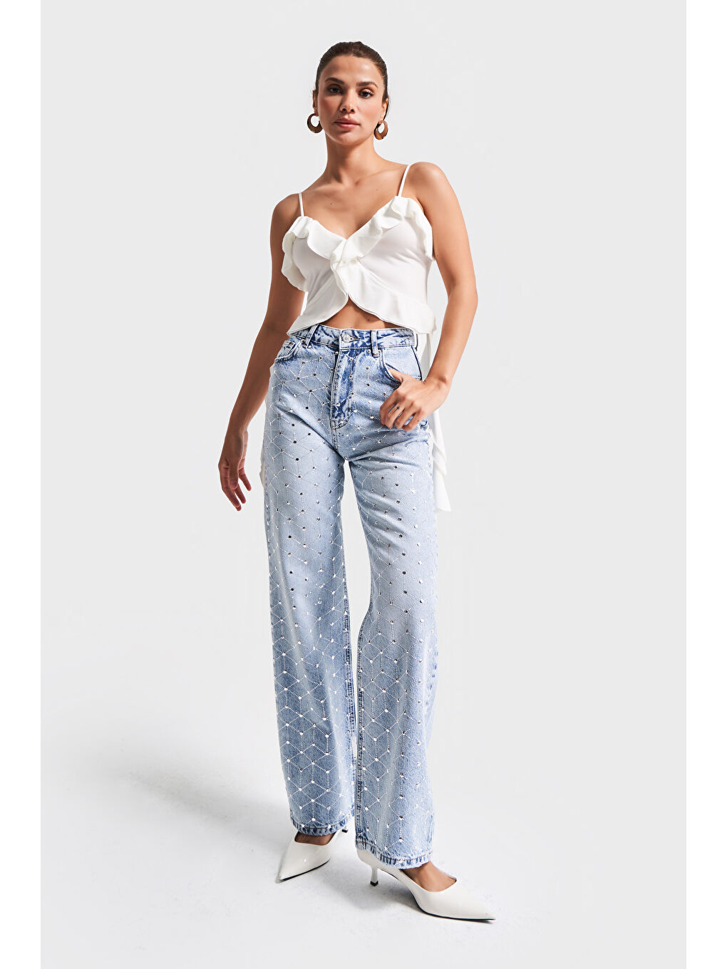 Mavi Kadın Jean Rengi 4s5-3 Parlak Simetrik Taşlı Straight Fit Yüksek Bel Tasarım Denim Jean-2