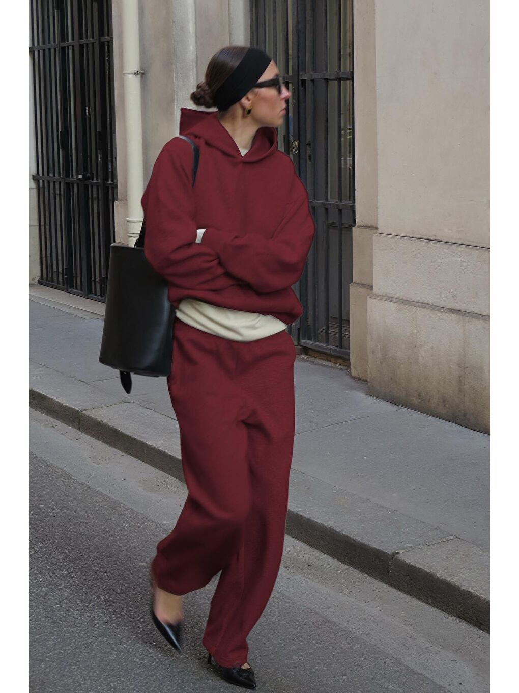 Bordo Kapüşonlu Triko Kadın Eşofman Takımı Mg2533-3