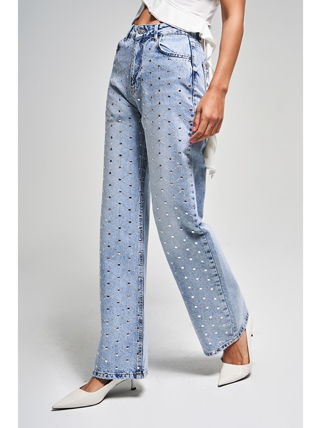Mavi Kadın Jean Rengi 4s5-3 Parlak Simetrik Taşlı Straight Fit Yüksek Bel Tasarım Denim Jean-3