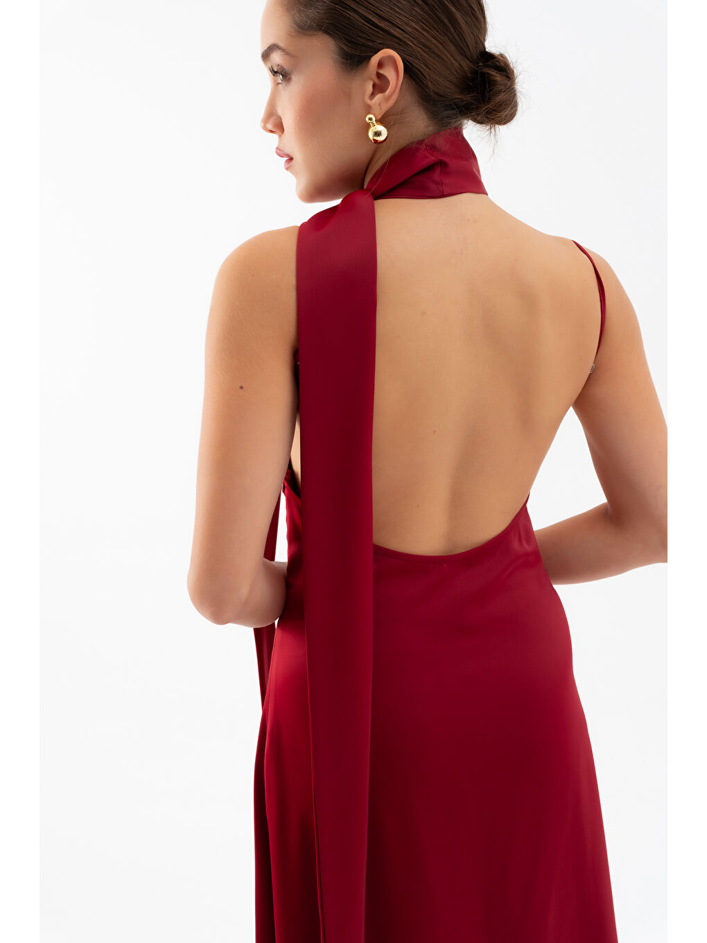 Kadın Bordo Fularlı Maxi Saten Elbise-4