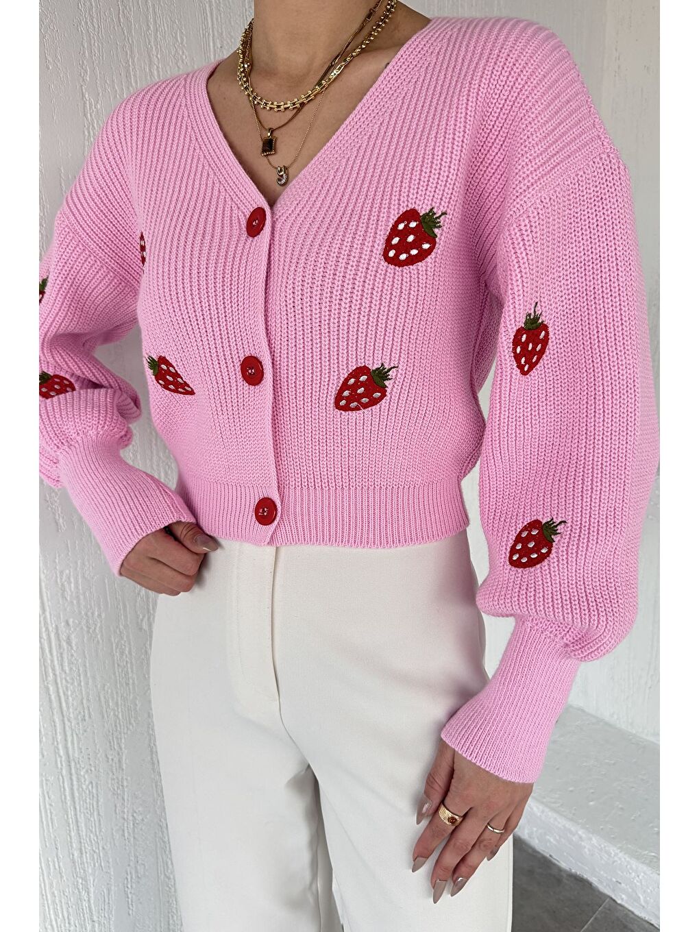 Pembe Çilek Desenli Triko Hırka-1