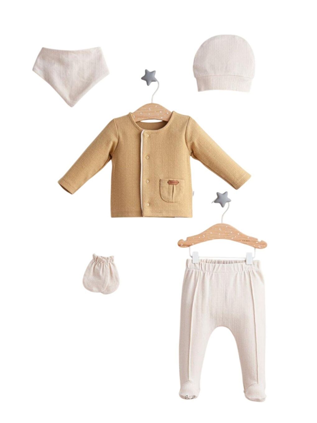 Sarı Erkek Bebek Hırka Detaylı 5'Li Hastane Çıkışı Seti