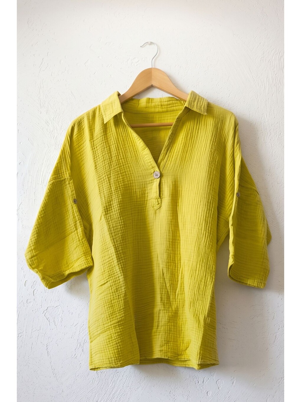 Sarı Hardal Rengi Gömlek Yaka Düğmeli 3/4 Kol Casual Müslin Oversize Dokuma Bluz 67 65-1