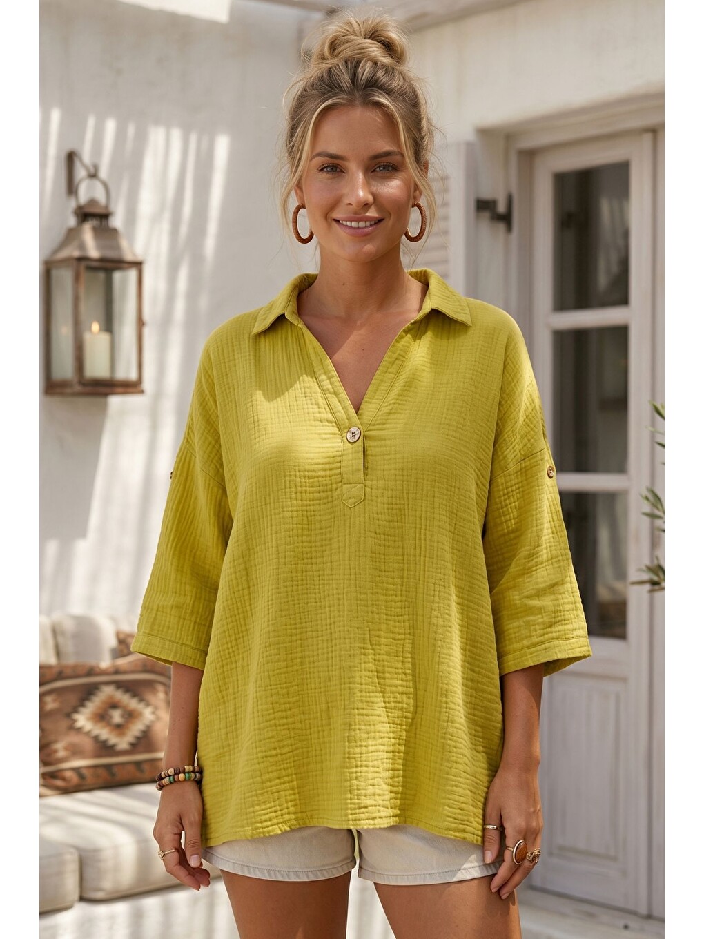 Sarı Hardal Rengi Gömlek Yaka Düğmeli 3/4 Kol Casual Müslin Oversize Dokuma Bluz 67 65-2
