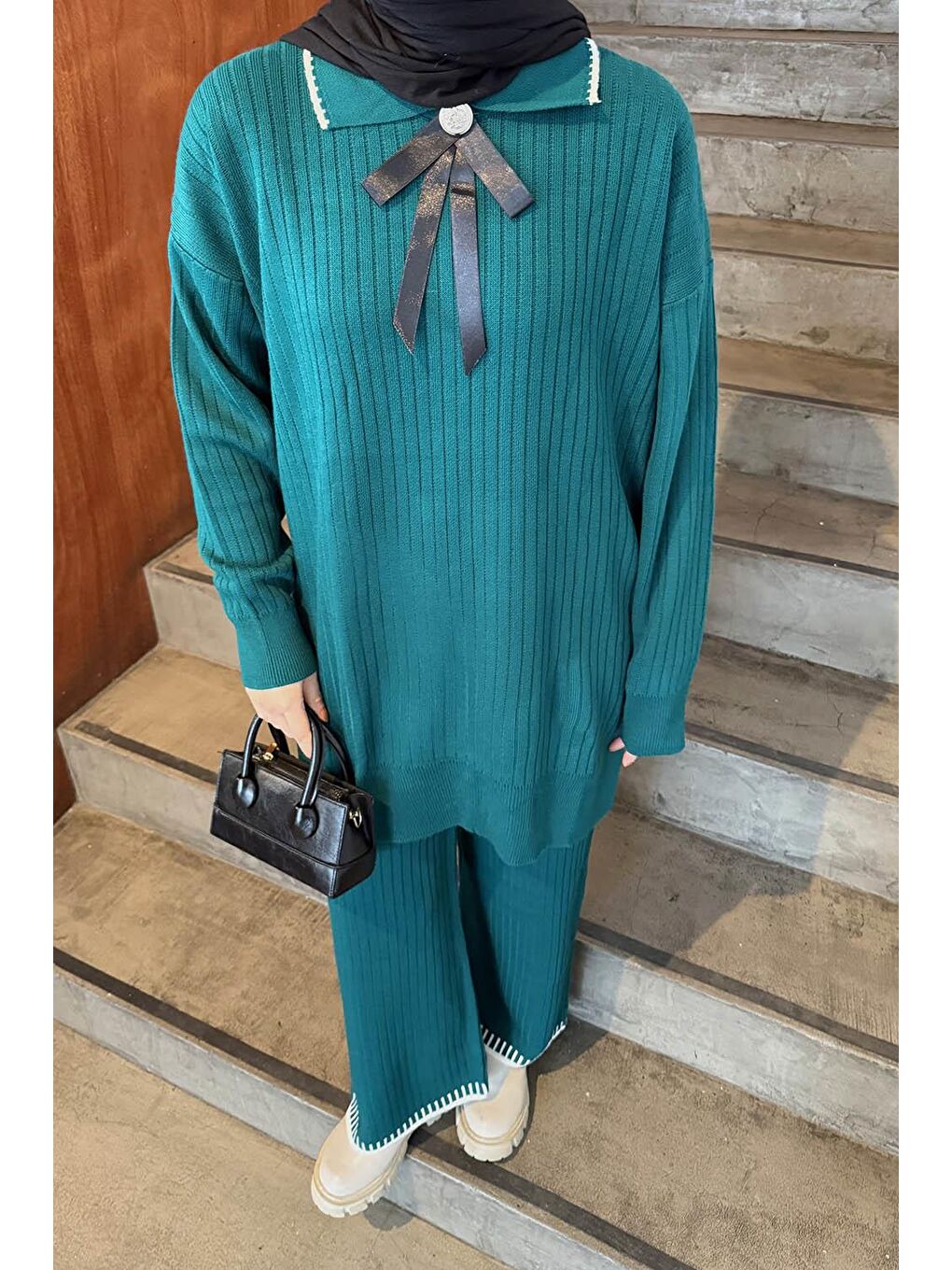 Kurdela Detaylı Triko Takım Zümrüt Yeşili-2