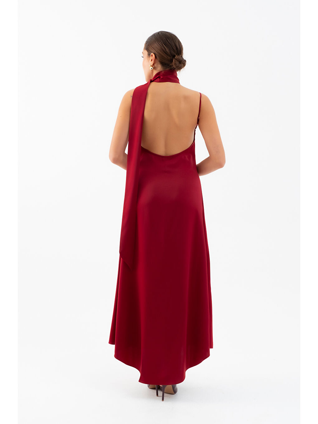 Kadın Bordo Fularlı Maxi Saten Elbise-5
