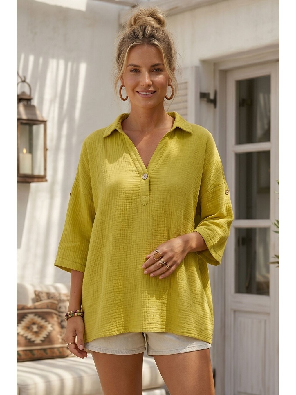 Sarı Hardal Rengi Gömlek Yaka Düğmeli 3/4 Kol Casual Müslin Oversize Dokuma Bluz 67 65-3