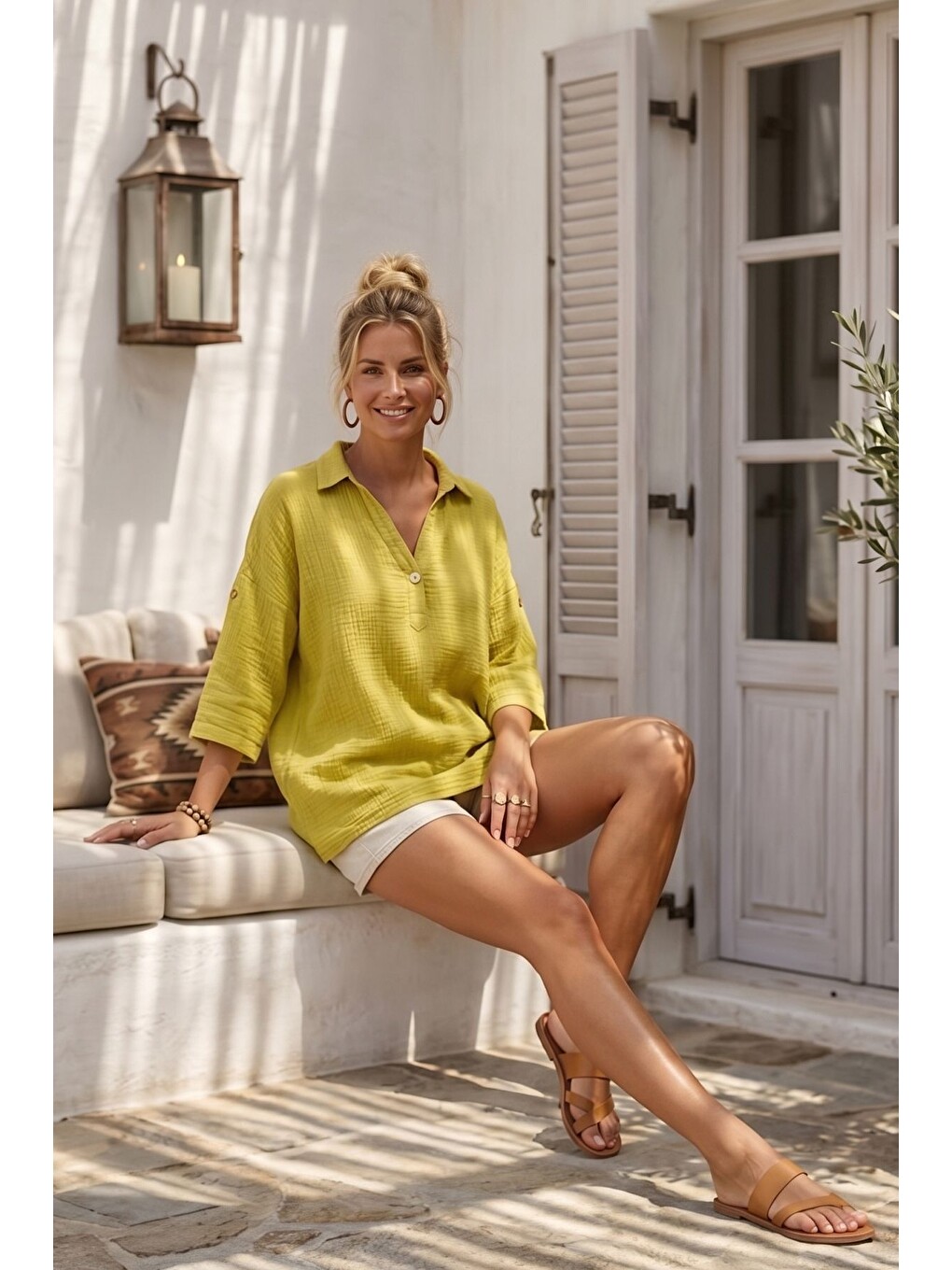 Sarı Hardal Rengi Gömlek Yaka Düğmeli 3/4 Kol Casual Müslin Oversize Dokuma Bluz 67 65-4