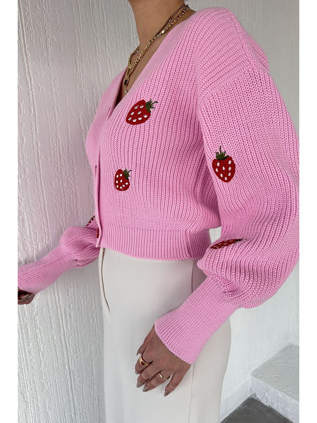 Pembe Çilek Desenli Triko Hırka-2