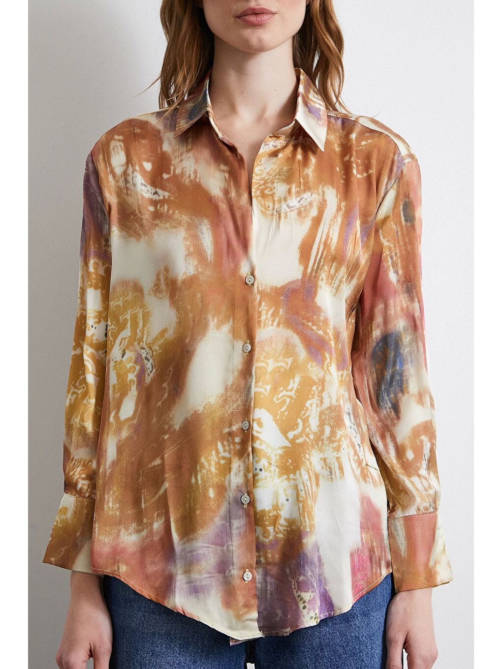 Desenli Saten Gömlek Lila-1