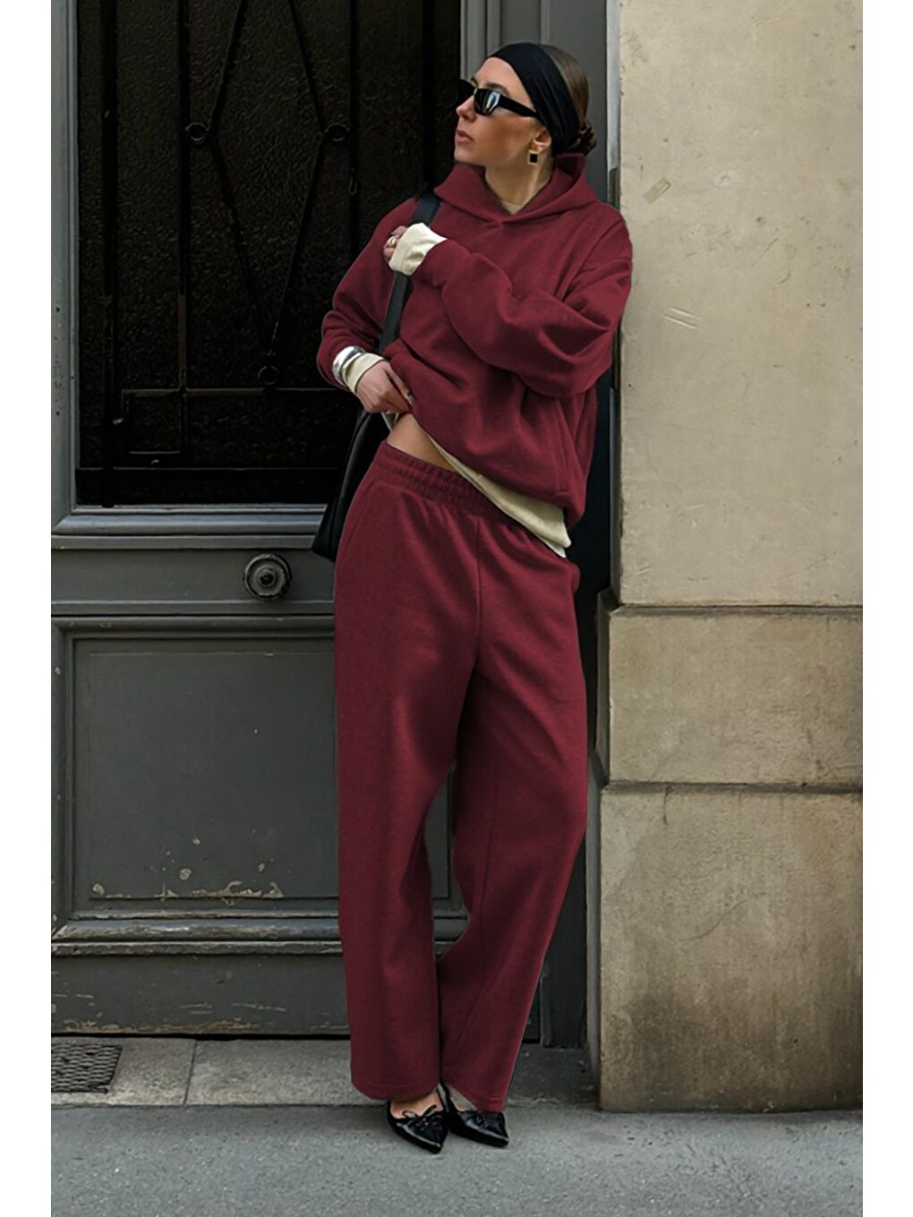 Bordo Kapüşonlu Triko Kadın Eşofman Takımı Mg2533-4