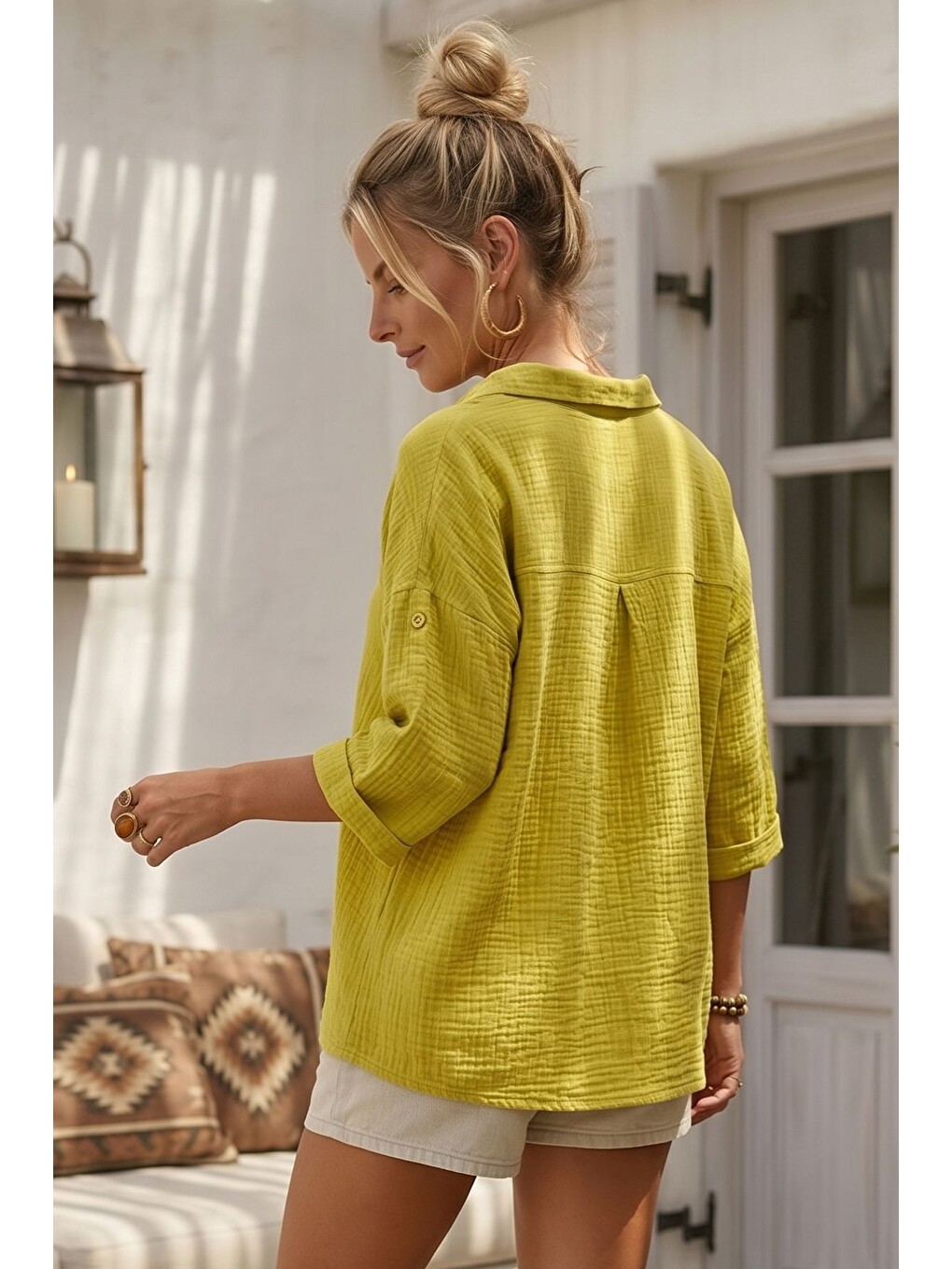 Sarı Hardal Rengi Gömlek Yaka Düğmeli 3/4 Kol Casual Müslin Oversize Dokuma Bluz 67 65-6