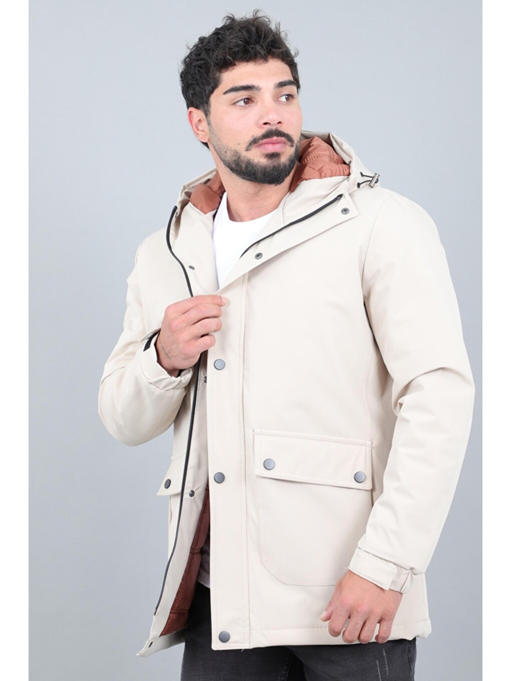 Ekru Kapitoneli Torba Cep Sabit Kapüşon Kışlık Mont Pldp 3039_50527-1