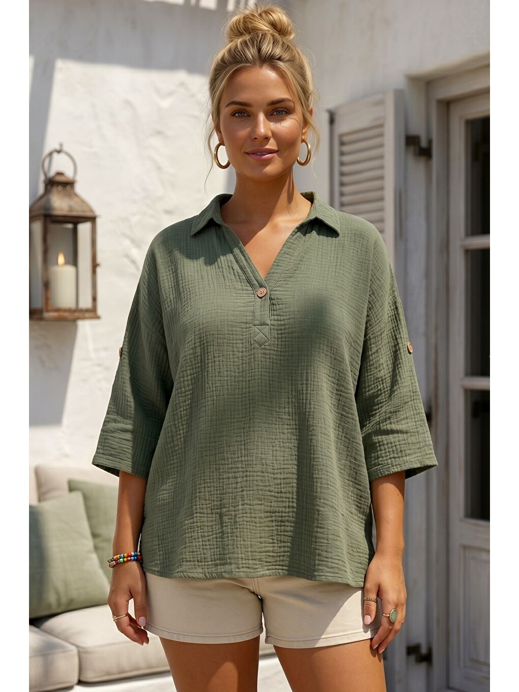 Haki Gömlek Yaka Düğmeli 3/4 Kol Casual Müslin Oversize Dokuma Bluz 67 65