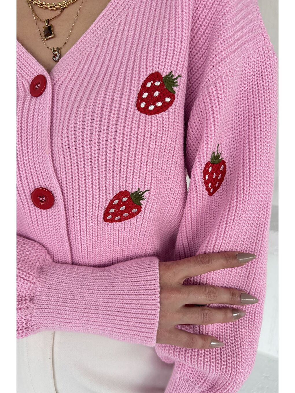 Pembe Çilek Desenli Triko Hırka-3