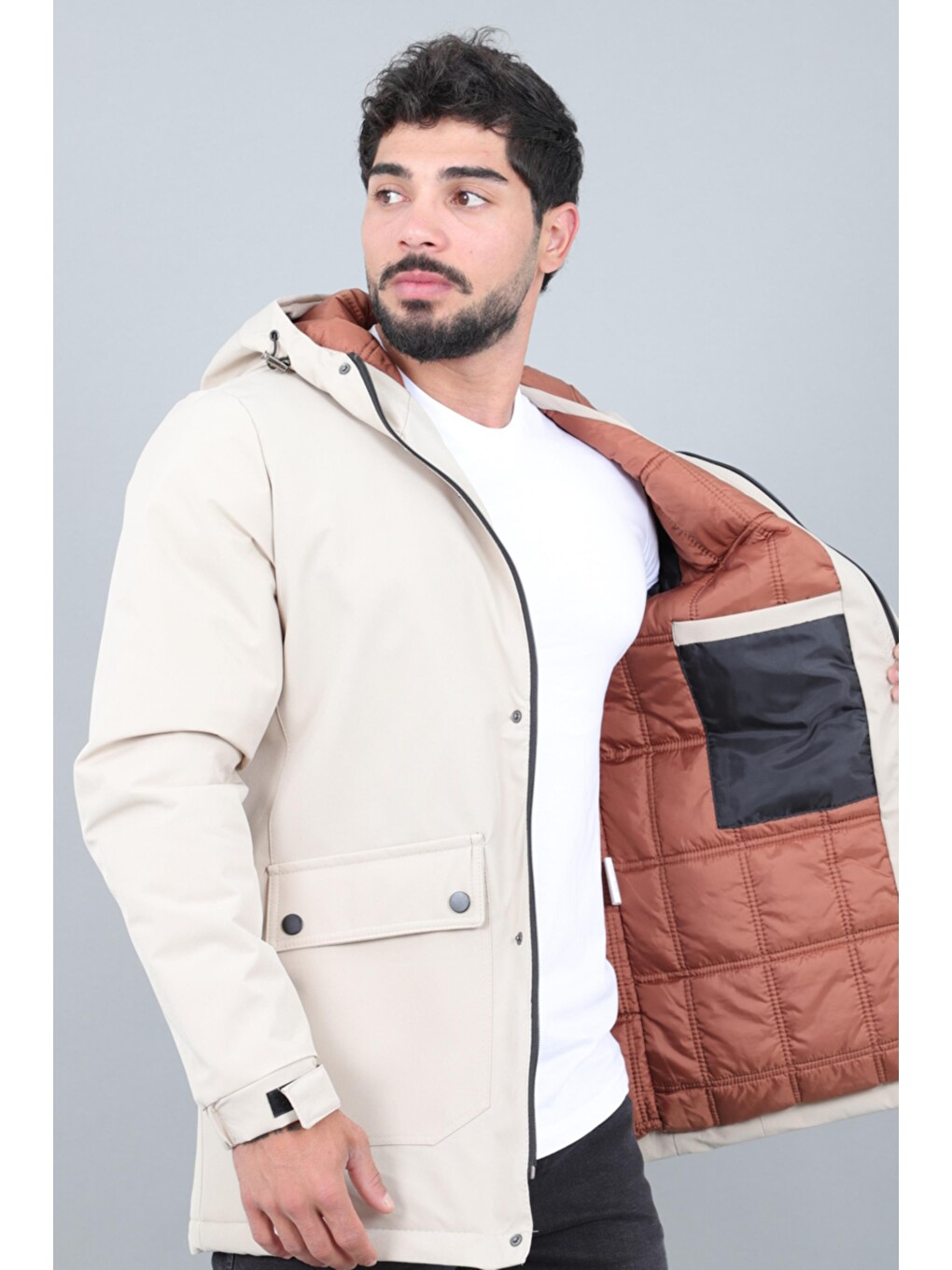 Ekru Kapitoneli Torba Cep Sabit Kapüşon Kışlık Mont Pldp 3039_50527-2