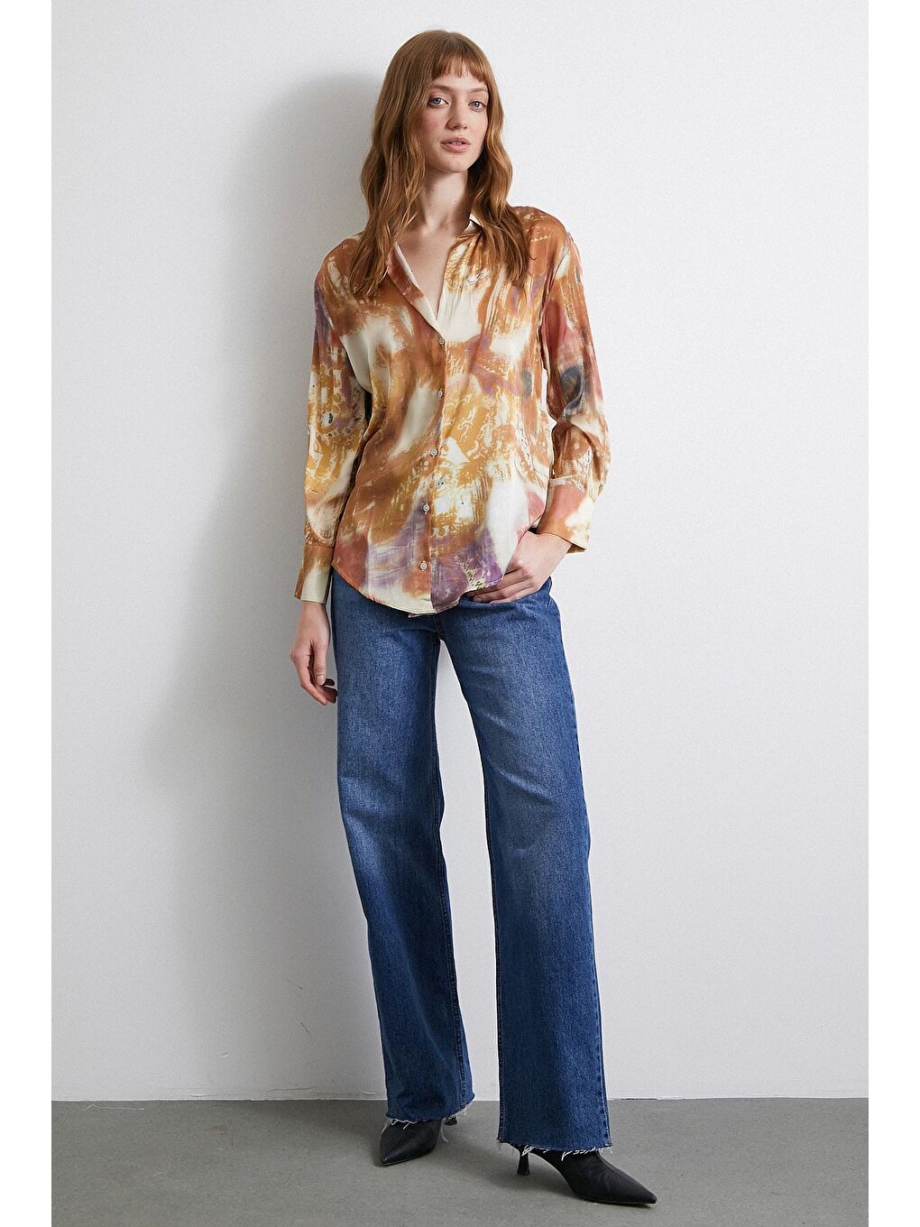 Desenli Saten Gömlek Lila-3