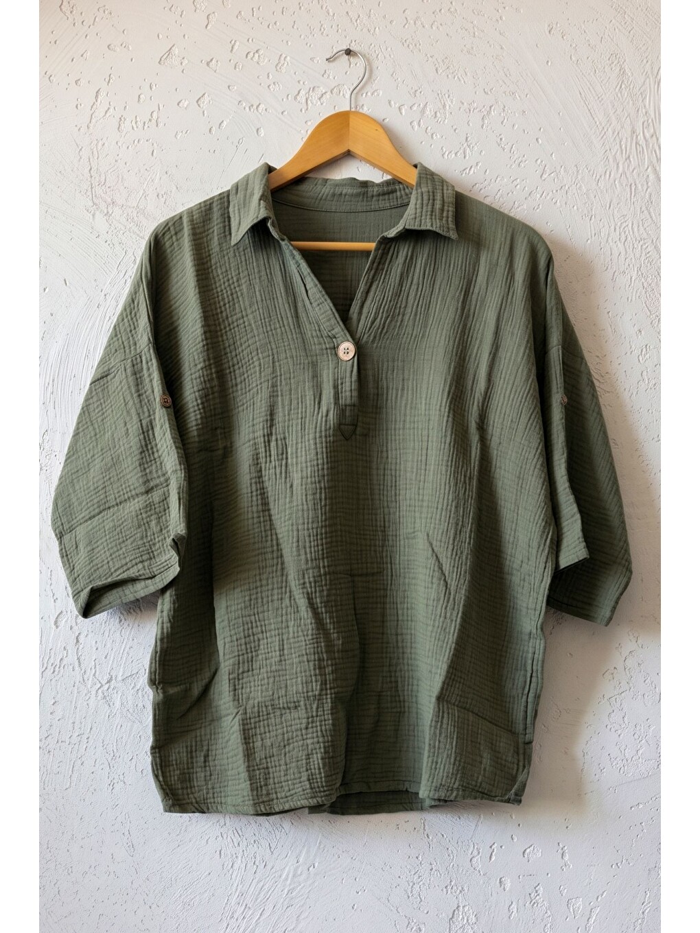 Haki Gömlek Yaka Düğmeli 3/4 Kol Casual Müslin Oversize Dokuma Bluz 67 65-1
