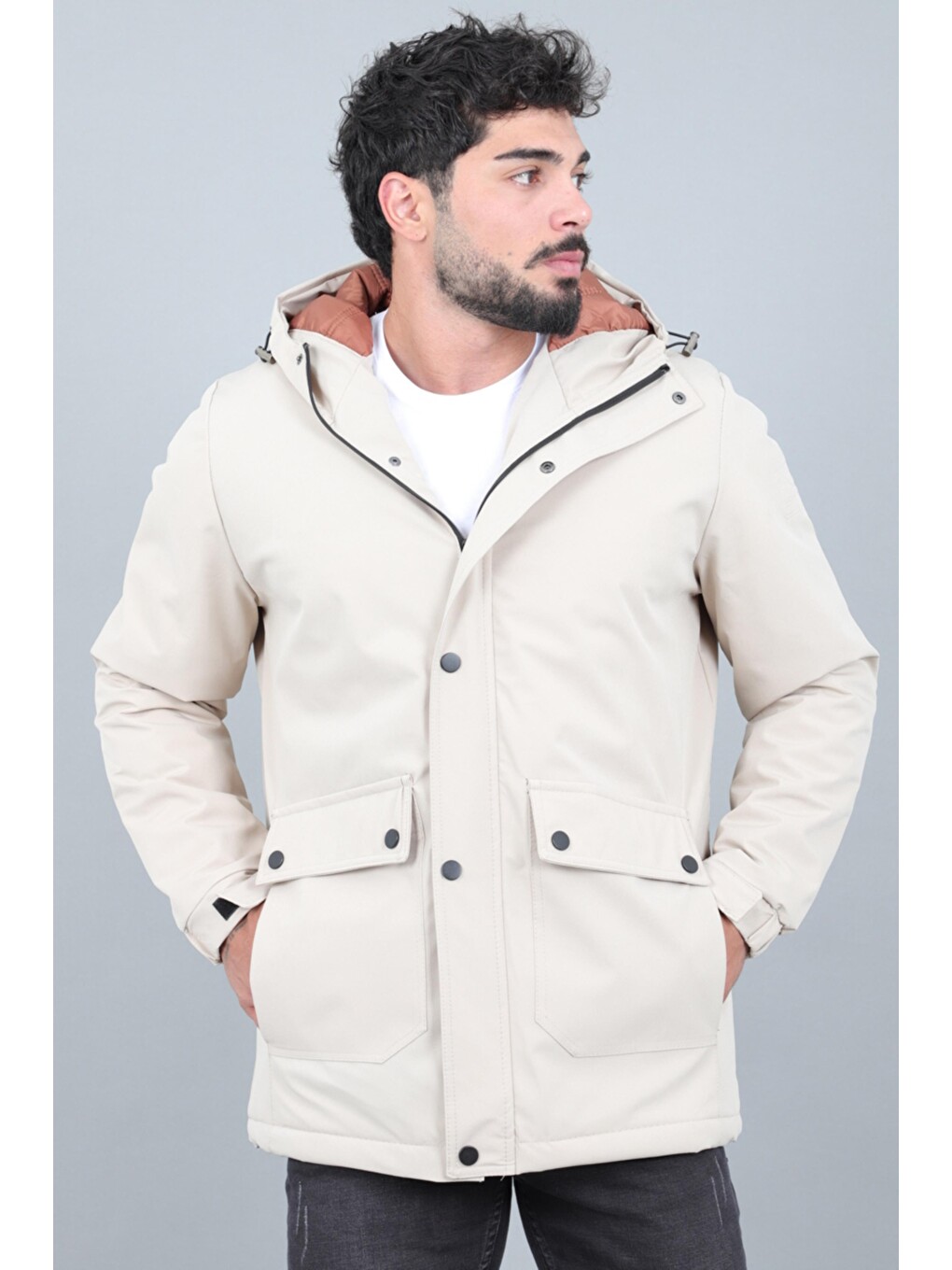 Ekru Kapitoneli Torba Cep Sabit Kapüşon Kışlık Mont Pldp 3039_50527-3