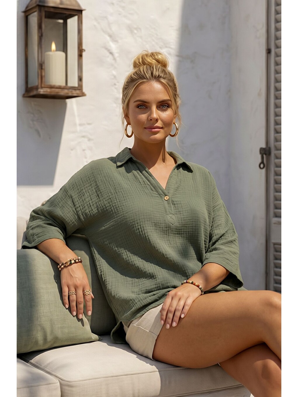Haki Gömlek Yaka Düğmeli 3/4 Kol Casual Müslin Oversize Dokuma Bluz 67 65-2
