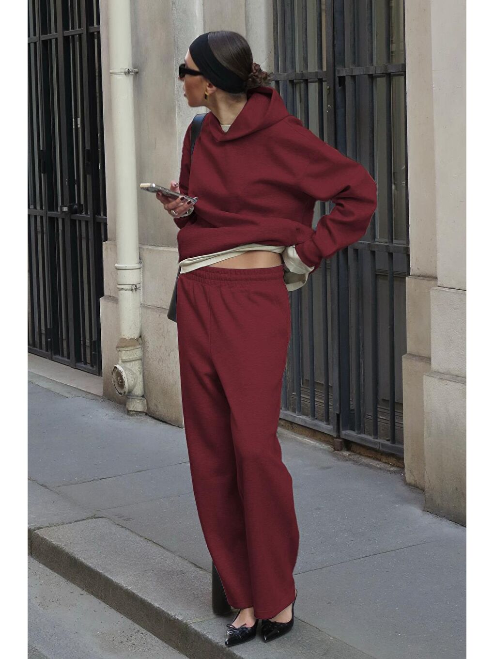 Bordo Kapüşonlu Triko Kadın Eşofman Takımı Mg2533-5