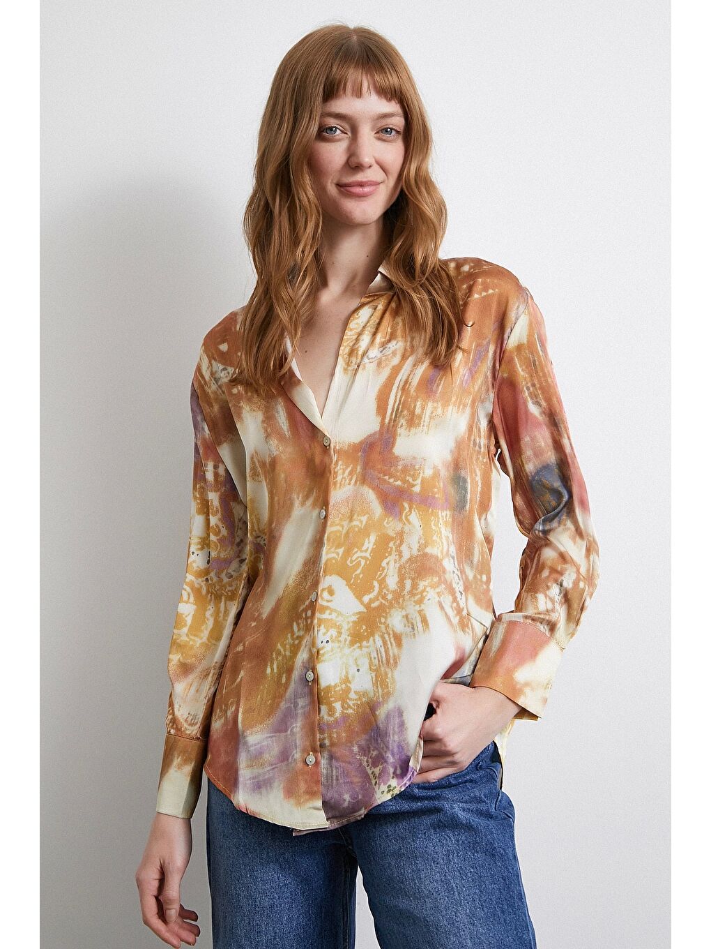 Desenli Saten Gömlek Lila-4