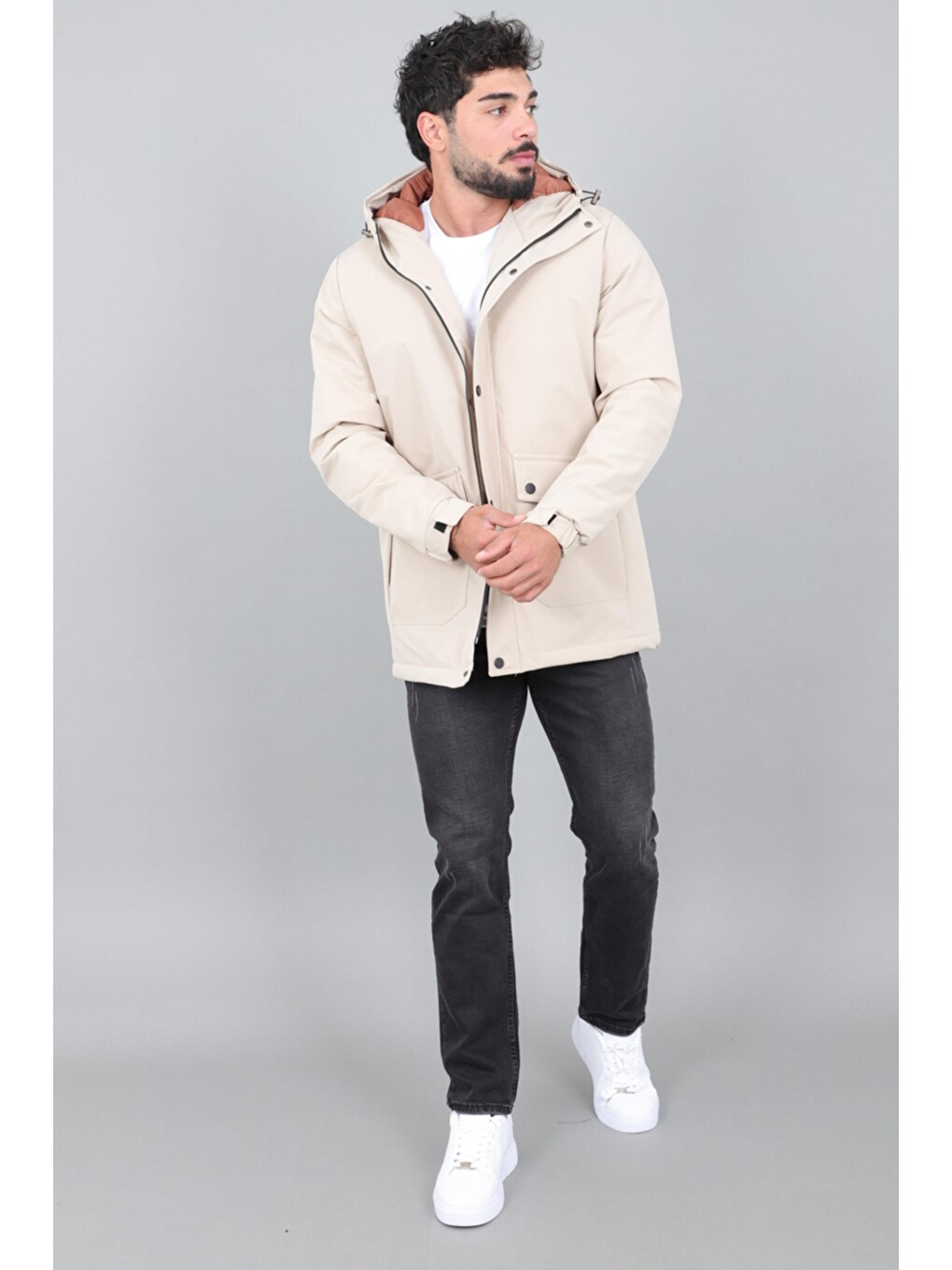 Ekru Kapitoneli Torba Cep Sabit Kapüşon Kışlık Mont Pldp 3039_50527-5