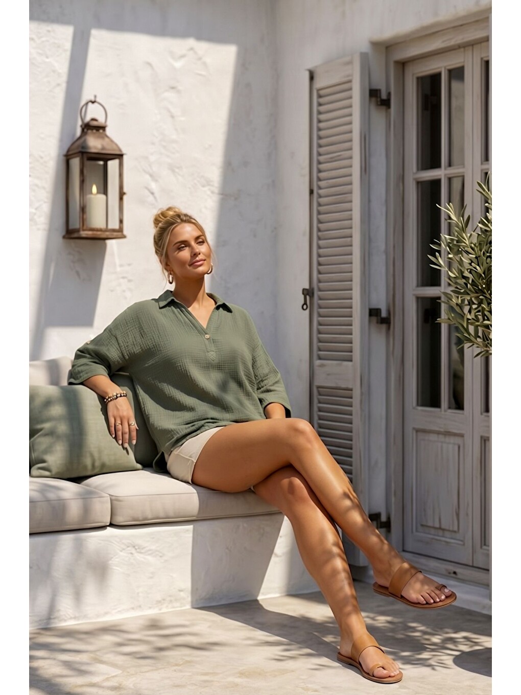 Haki Gömlek Yaka Düğmeli 3/4 Kol Casual Müslin Oversize Dokuma Bluz 67 65-4