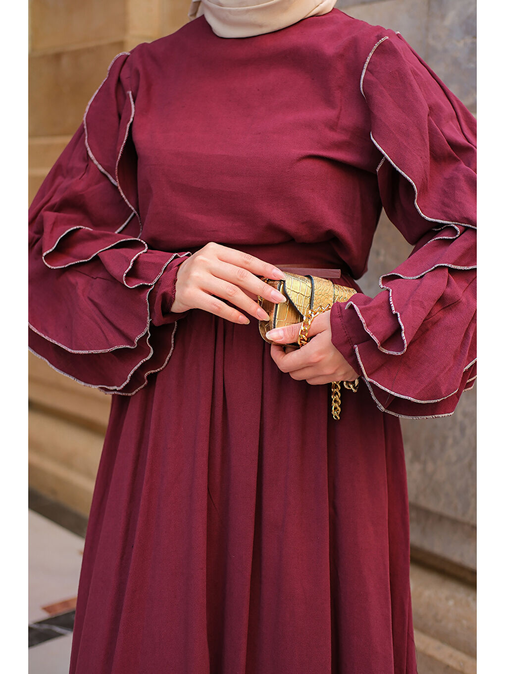 Kadın Kolları Süs Dikişli Takım Bordo-3