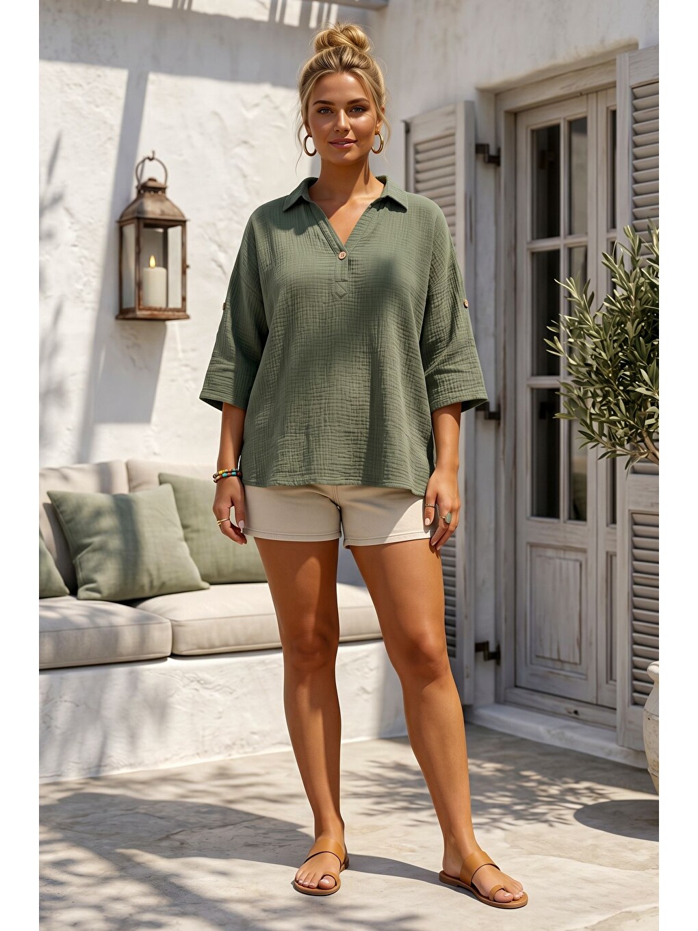 Haki Gömlek Yaka Düğmeli 3/4 Kol Casual Müslin Oversize Dokuma Bluz 67 65-5