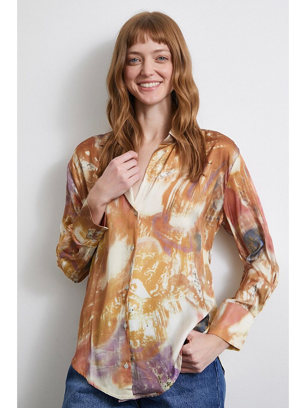 Desenli Saten Gömlek Lila-5