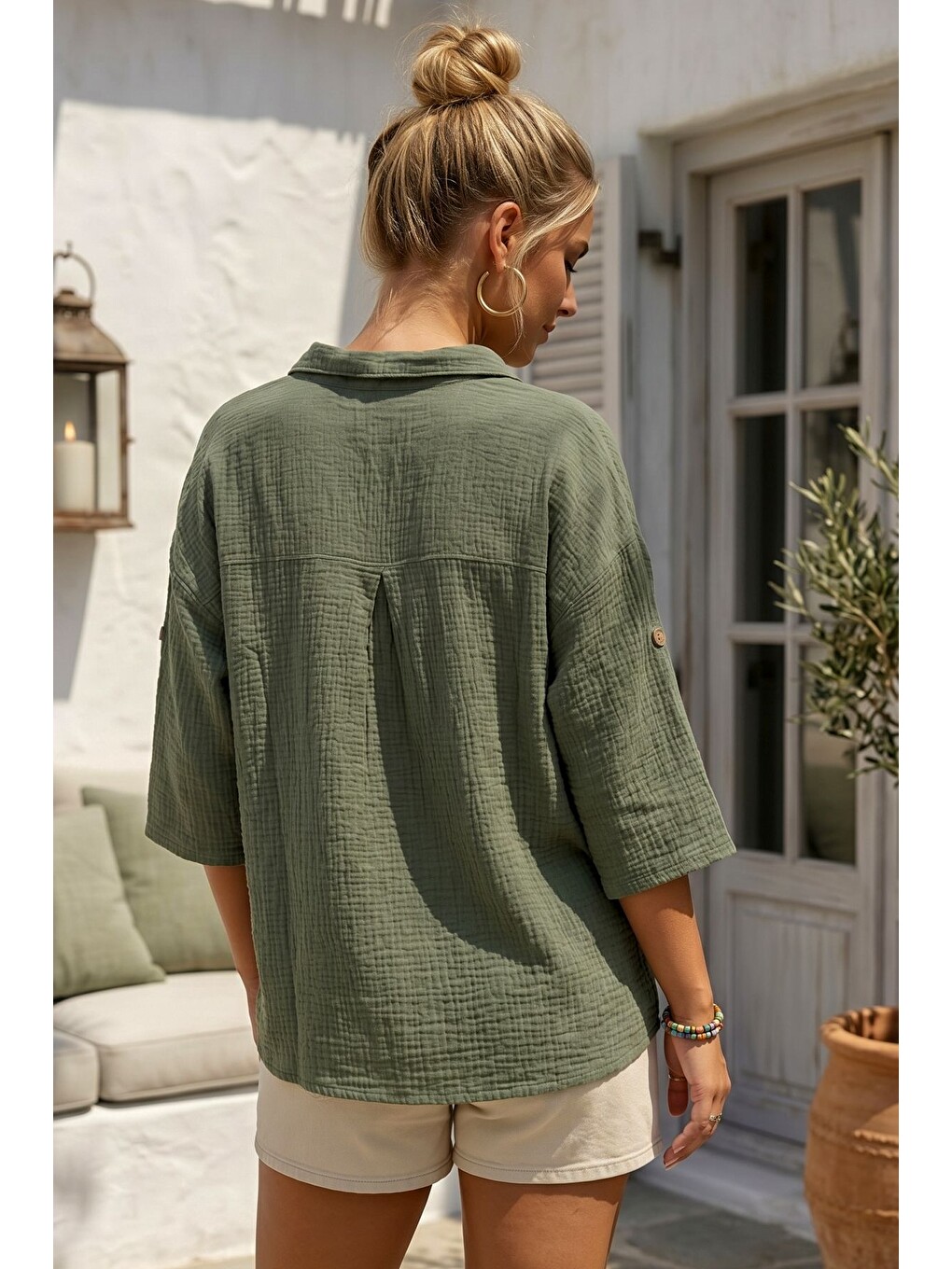 Haki Gömlek Yaka Düğmeli 3/4 Kol Casual Müslin Oversize Dokuma Bluz 67 65-6