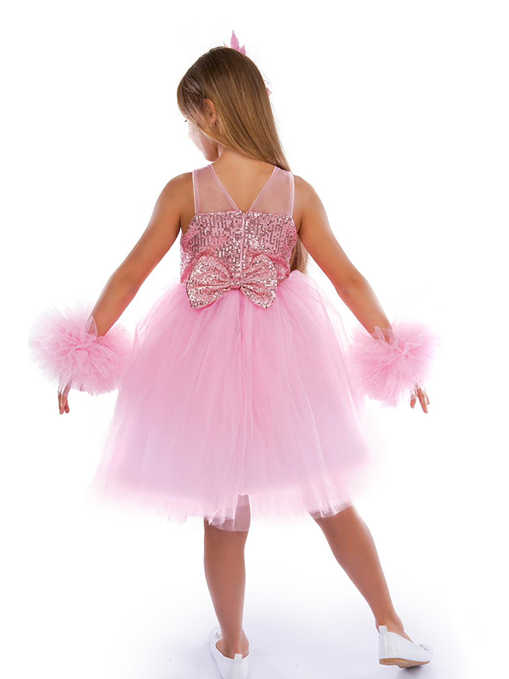 Pembe Ponpon Kollu Kız Çocuk Doğum Günü Parti Elbisesi Özel Gün Kıyafeti-1