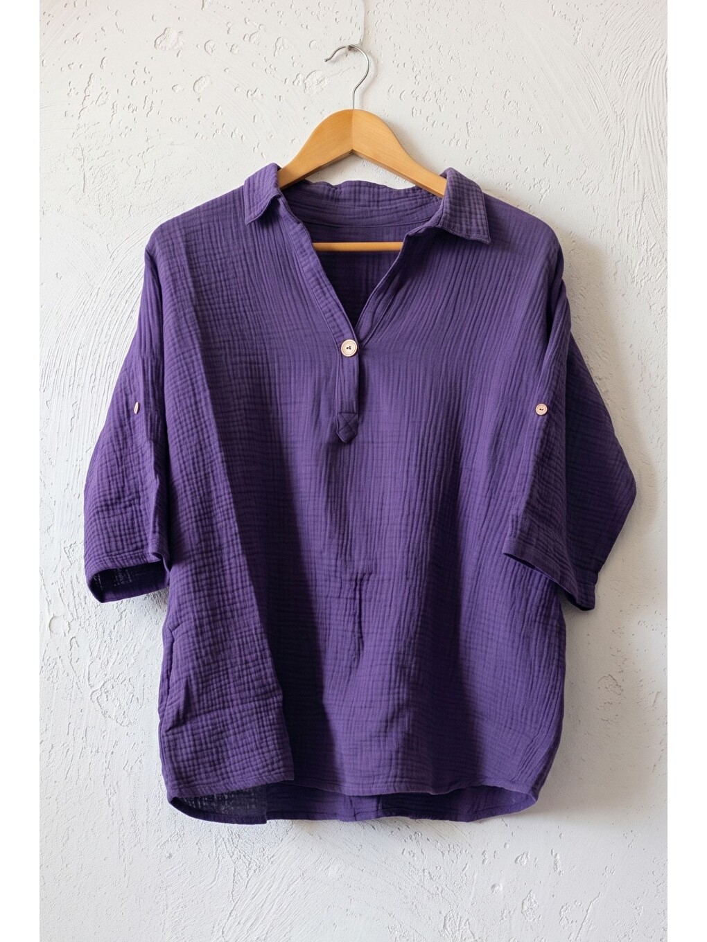 Mor Gömlek Yaka Düğmeli 3/4 Kol Casual Müslin Oversize Dokuma Bluz 67 65-1