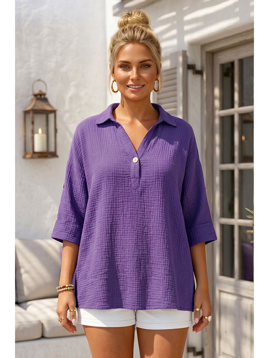 Mor Gömlek Yaka Düğmeli 3/4 Kol Casual Müslin Oversize Dokuma Bluz 67 65-2