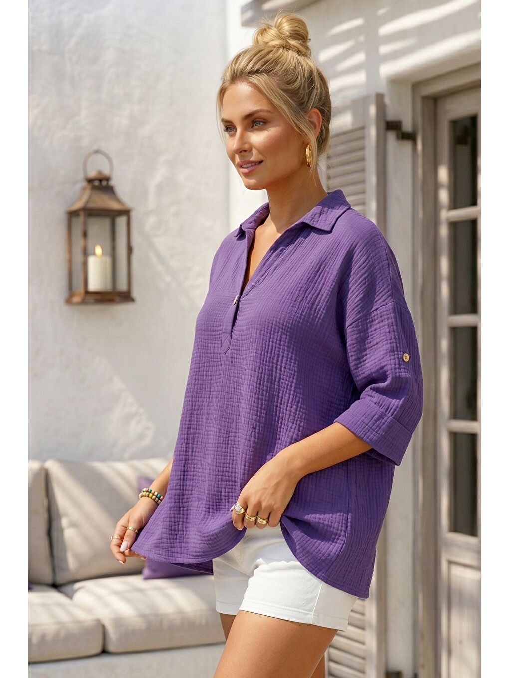 Mor Gömlek Yaka Düğmeli 3/4 Kol Casual Müslin Oversize Dokuma Bluz 67 65-3