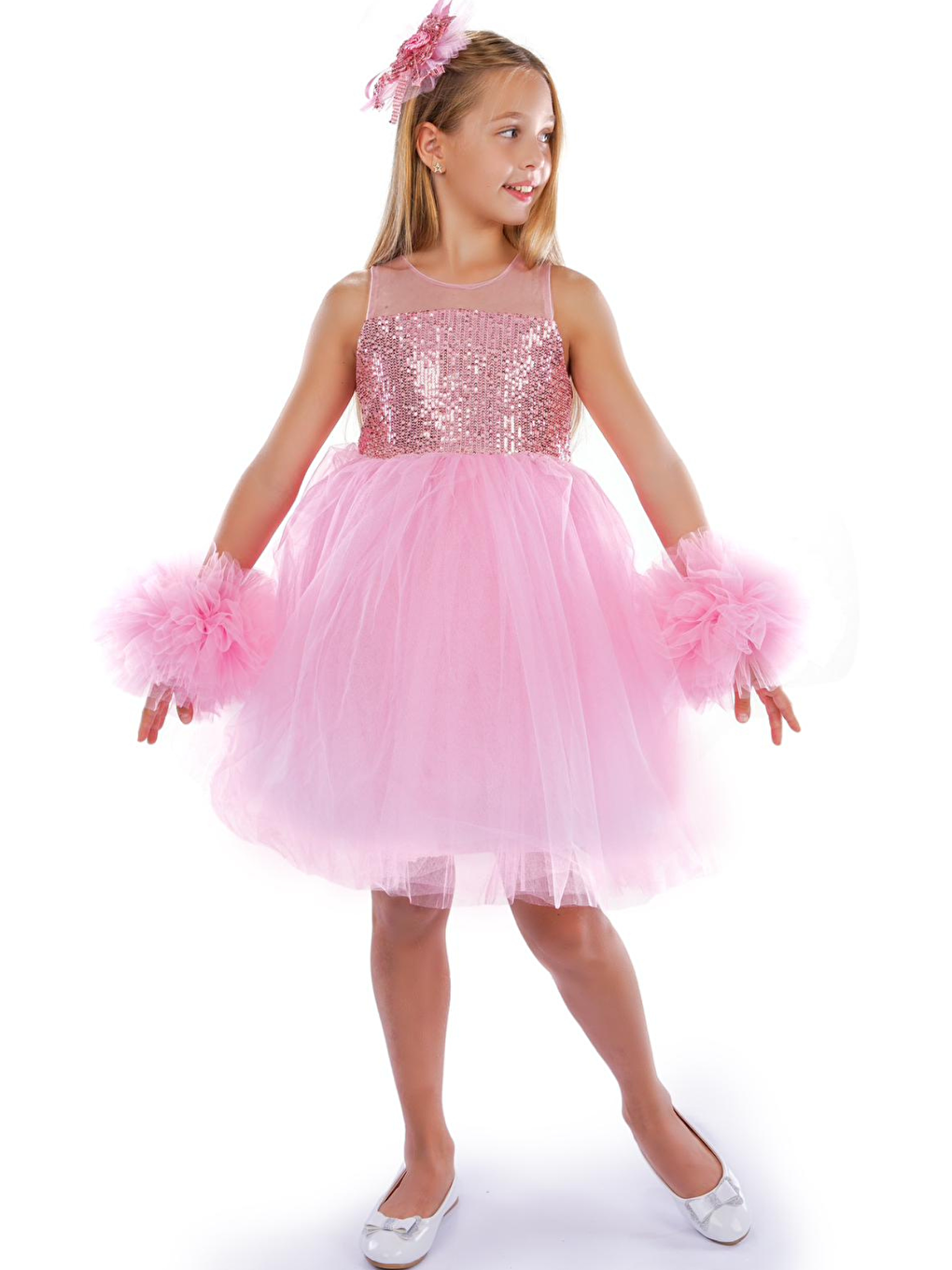 Pembe Ponpon Kollu Kız Çocuk Doğum Günü Parti Elbisesi Özel Gün Kıyafeti-3