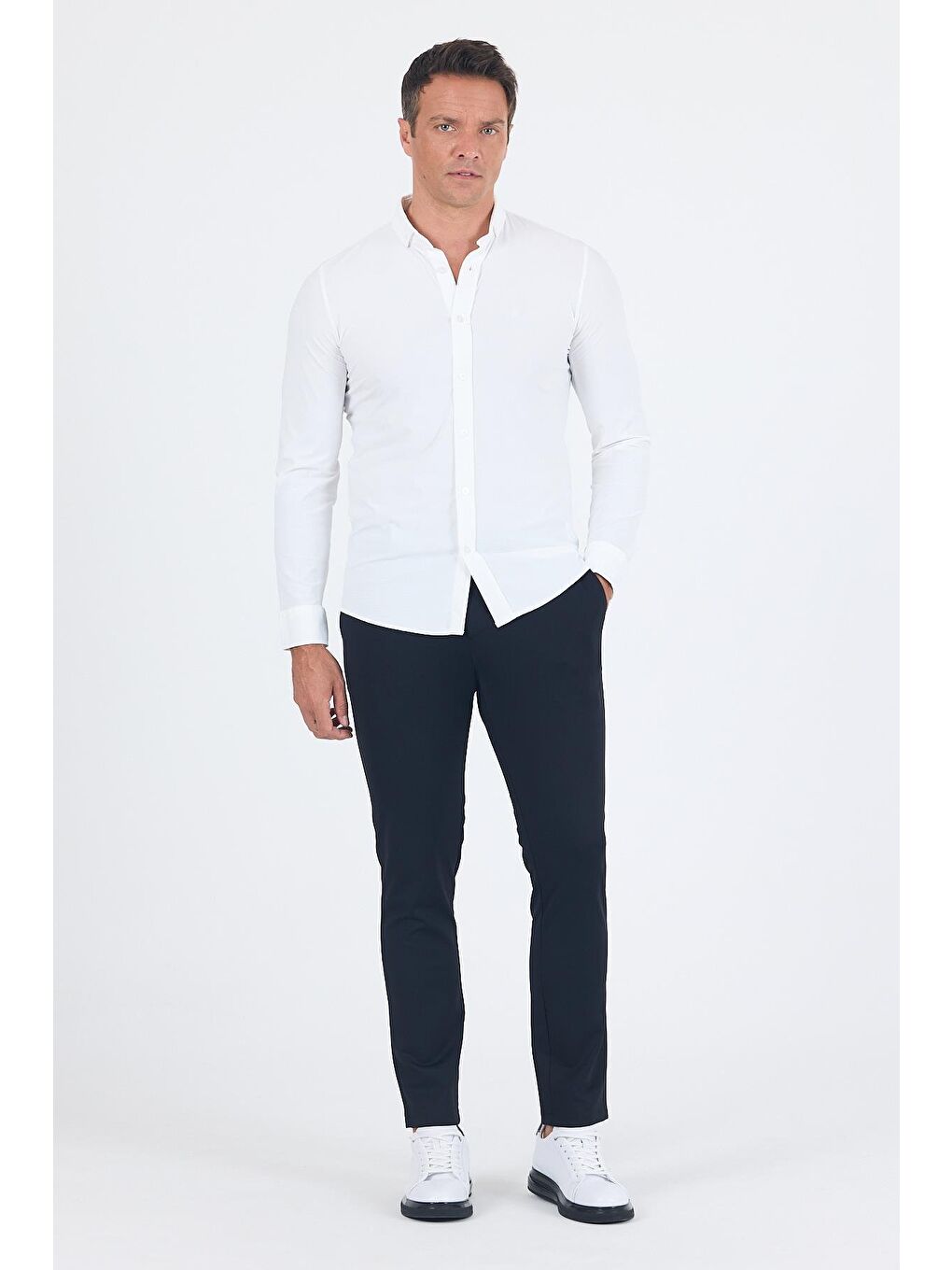 Beyaz Smart Düğmeli Yaka Uzun Kol Cepsiz Slim Fit Esnek Gömlek Gömlek 1004250252-1