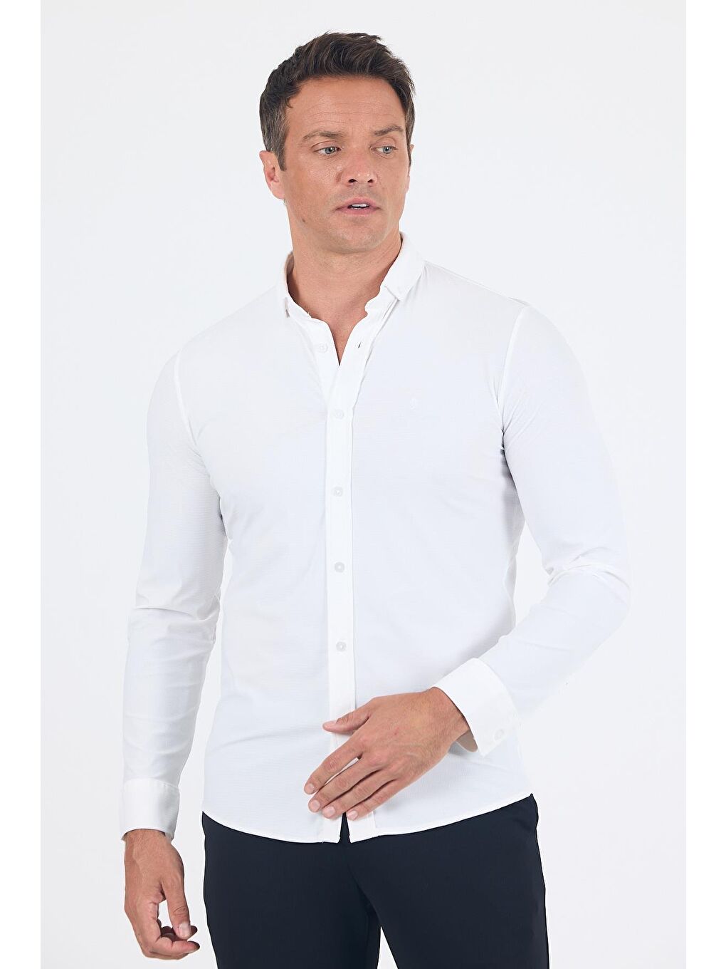 Beyaz Smart Düğmeli Yaka Uzun Kol Cepsiz Slim Fit Esnek Gömlek Gömlek 1004250252-2