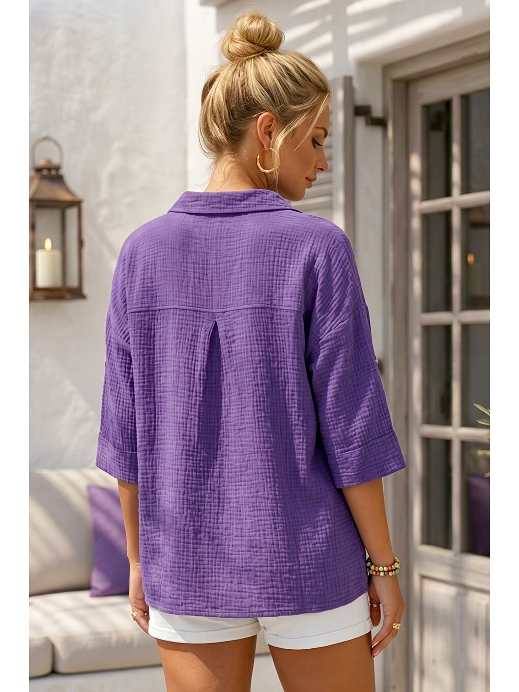 Mor Gömlek Yaka Düğmeli 3/4 Kol Casual Müslin Oversize Dokuma Bluz 67 65-6