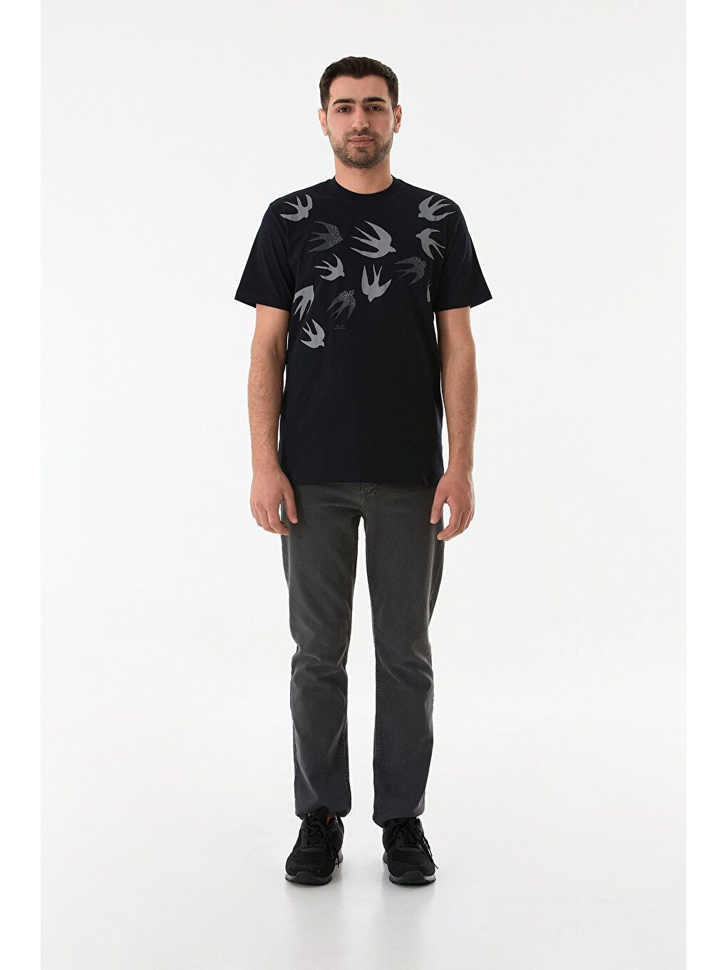 Lacivert Kuş Baskılı Bisiklet Yaka Tişört-1