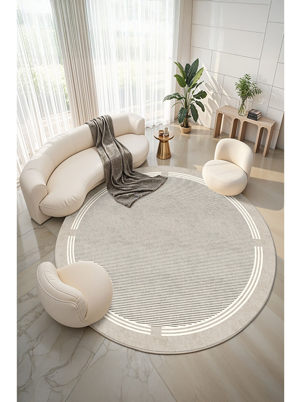 Bej Dekoratif Salon Halısı, Makinada Yıkanabilir, Kaymaz Taban, İnce & Modern Tasarım-4