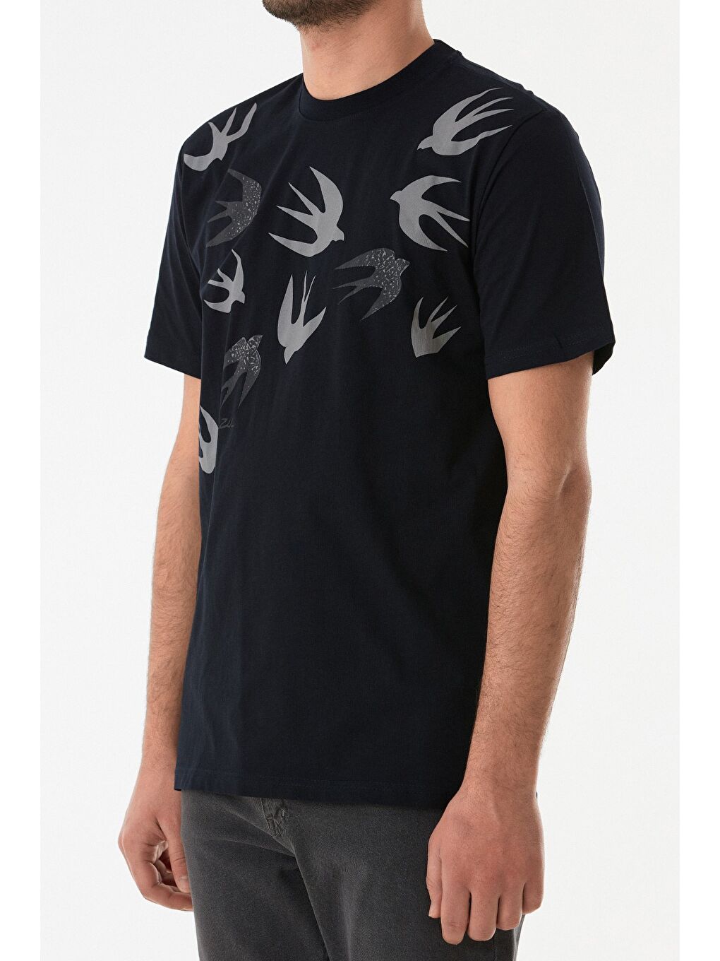 Lacivert Kuş Baskılı Bisiklet Yaka Tişört-4