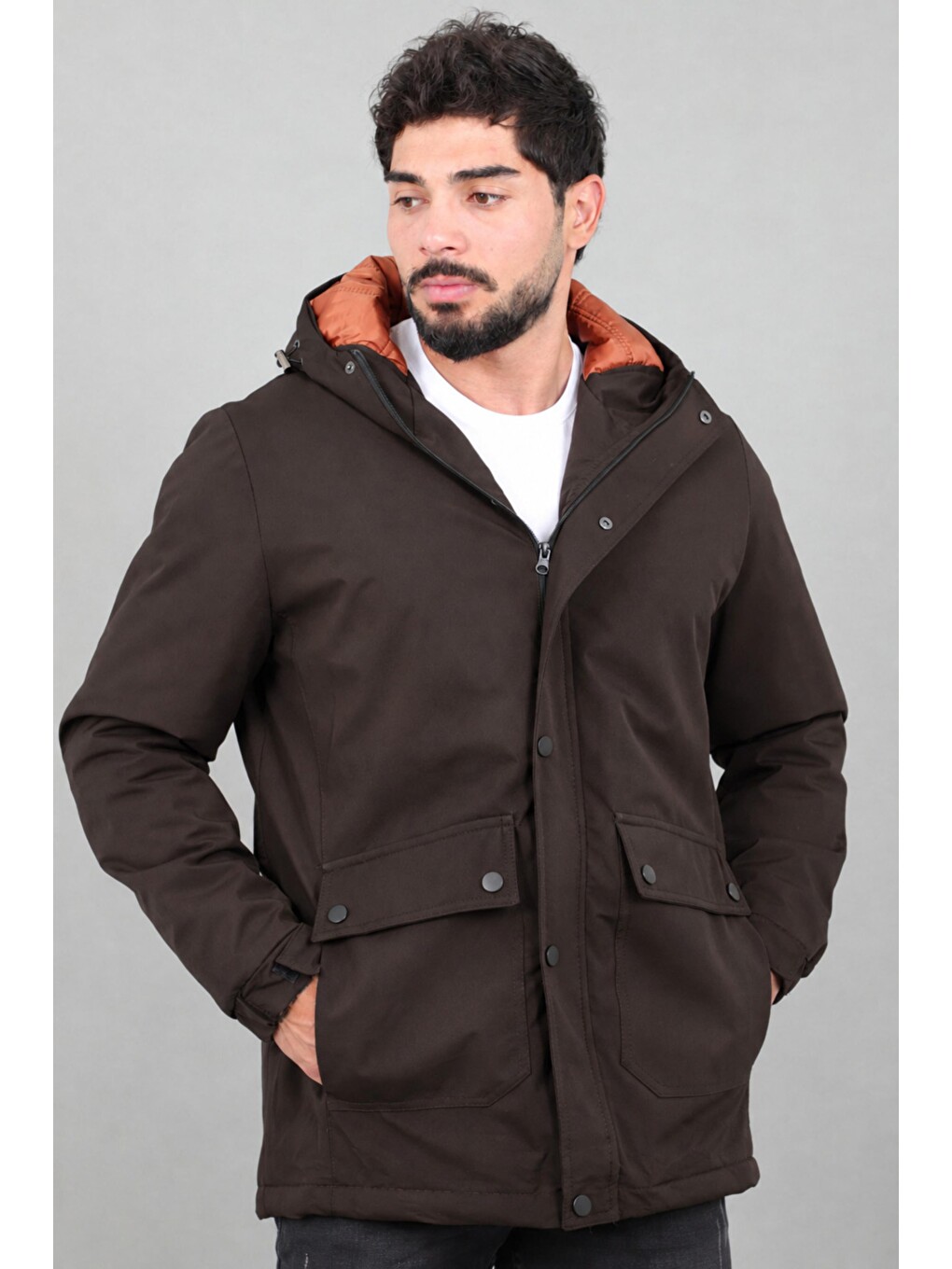 Kahverengi Kapitoneli Torba Cep Sabit Kapüşon Kışlık Mont Pldp 3039_50527-1