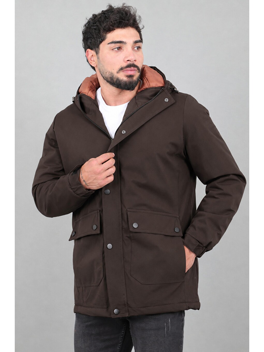 Kahverengi Kapitoneli Torba Cep Sabit Kapüşon Kışlık Mont Pldp 3039_50527-2