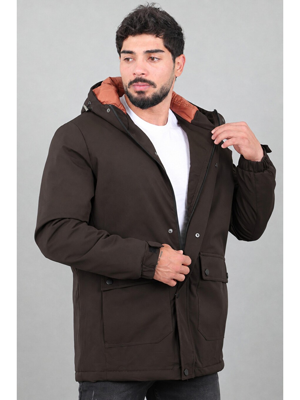 Kahverengi Kapitoneli Torba Cep Sabit Kapüşon Kışlık Mont Pldp 3039_50527-3
