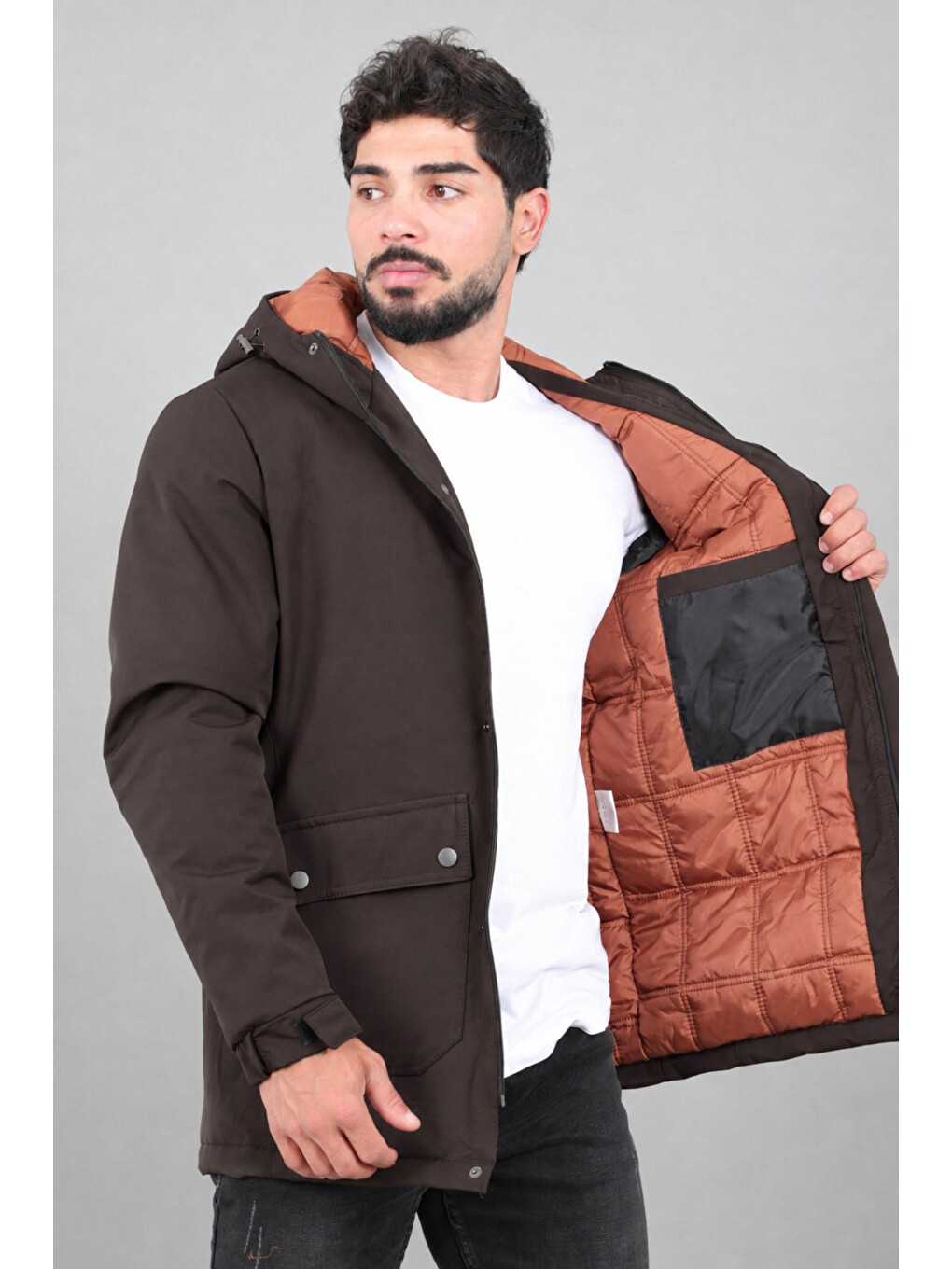 Kahverengi Kapitoneli Torba Cep Sabit Kapüşon Kışlık Mont Pldp 3039_50527-4